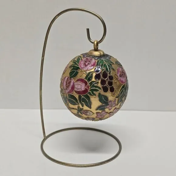 Vintage Floral Cloisonne Enameled Gold Ball Ornament With Stand Christmas Decor