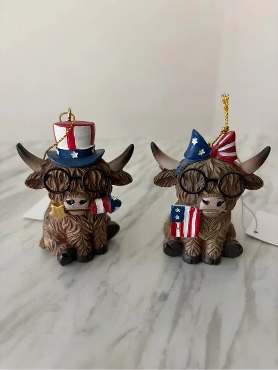 Patriotic Highland Cow Ornaments - Red White Blue