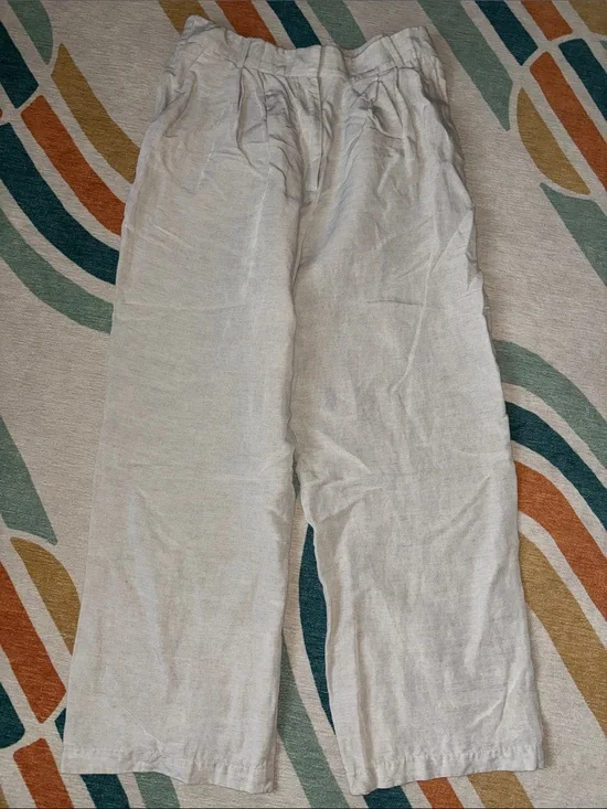 H&M Beige Linen-Blend Wide-Leg Trousers
