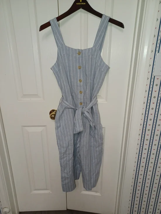 Everlane Striped Light Blue Linen-Blend Jumpsuit with Tie Waist