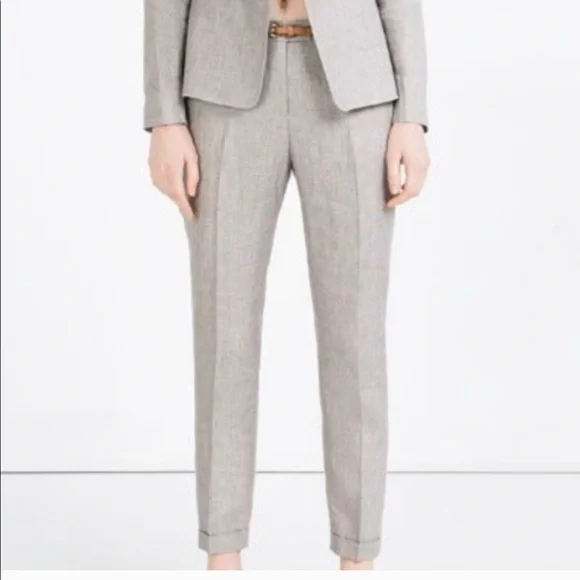 ZARA Light Gray Tailored Linen Tapered Straight Trousers