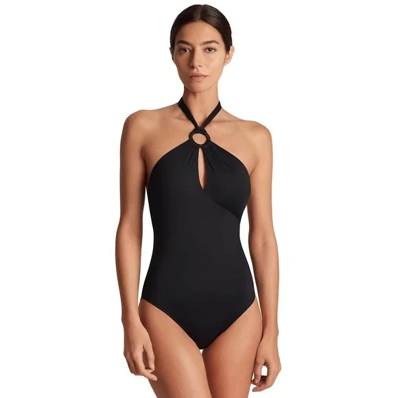 Lauren Ralph Lauren Womens Black Halter O-Ring One Piece Swimsuit $160 Size 12