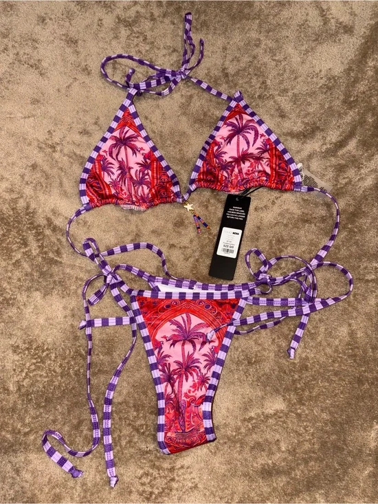 NWT Purple Check & Pink Palm Print Thong Triangle Bikini