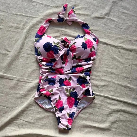 NWT Seafolly Australia Swimsuit Womens US 8 AU 12 Floral Ruched Halter One Piece