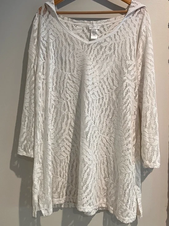 Dotti White Lace Semi Sheer  Cover Up XL Tunic Dress Hooded Long Sleeves