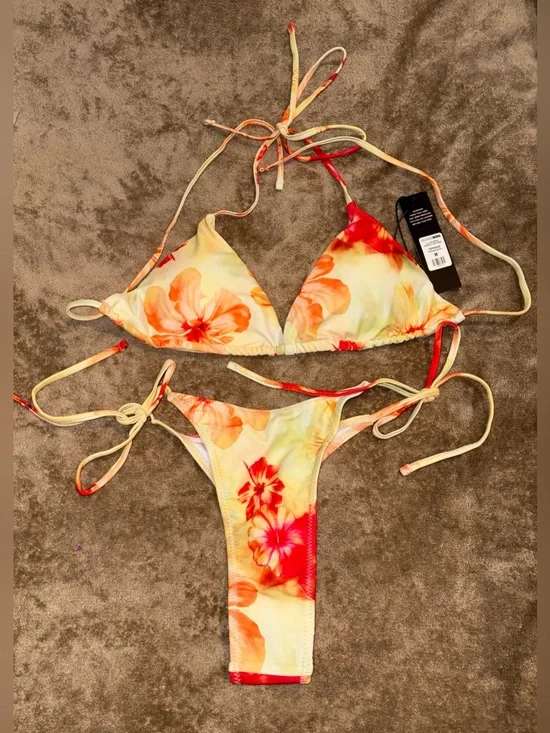 NWT Floral Tie-Strap Triangle Bikini Set - Yellow & Red Floral