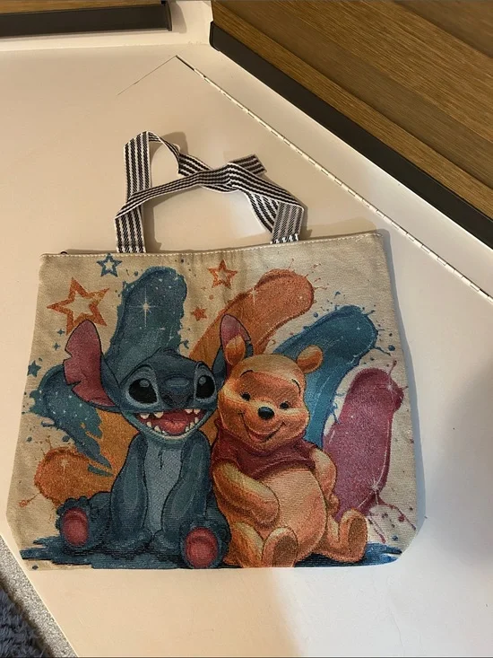 Kids Canvas Tote Bag with Stitch & Winnie the Pooh Print - Multicolor