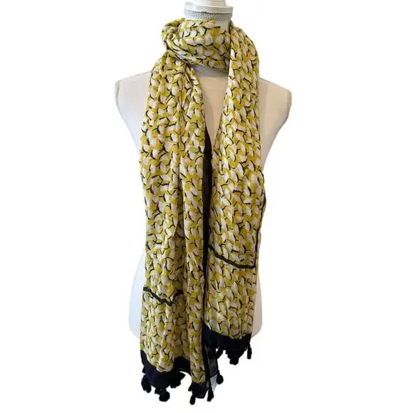 Ann Taylor Soft Travel Scarf Yellow Navy Blue Print Tassel Detail
