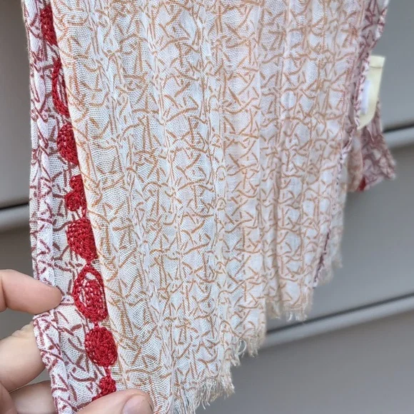 Vintage Eileen Fisher Block Print Boho Embroidered Cotton Linen Fringe Scarf
