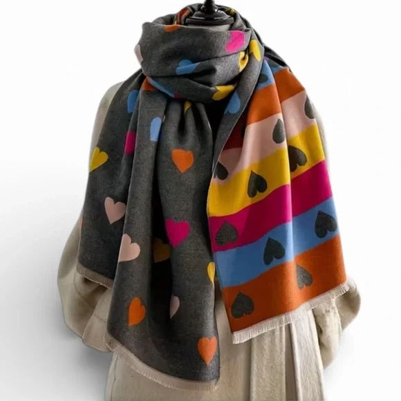 Colorful Heart Pattern Scarf With Fringe New