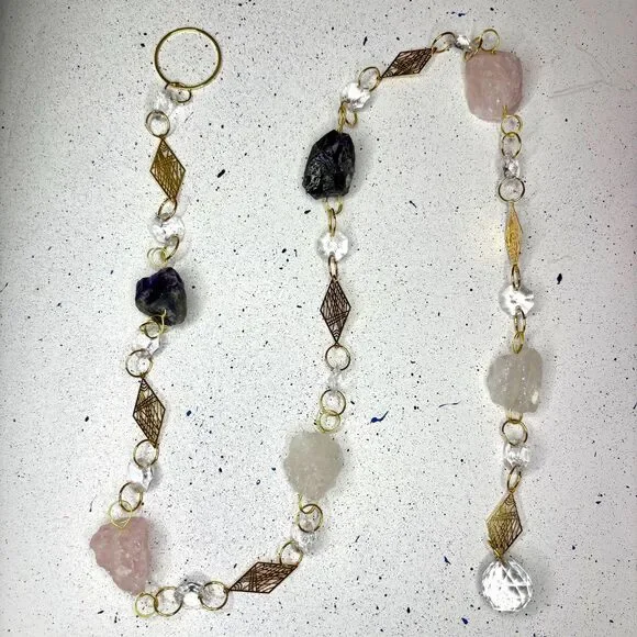 Raw Amethyst, Rose Quartz, Crystal Quartz Gemstone Wall Hanging, Crystal Prism