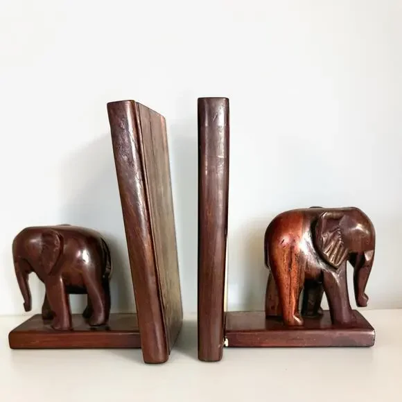 Vintage Wooden Elephant Bookends | Carved Elephant Shelf Decor Pair