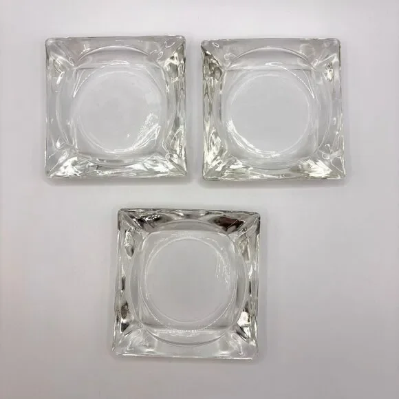 3 Vtg MCM Heavy Clear Glass Ashtray Square 3.5 x 3.5 Mid Century Modern Catchall