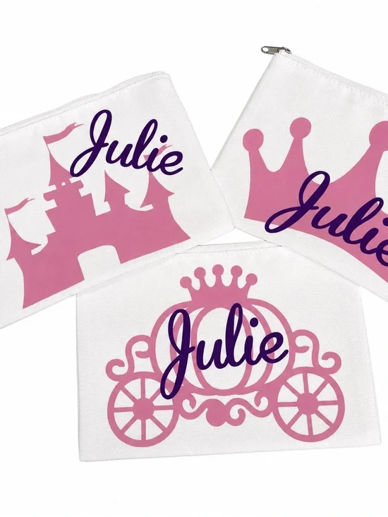 Personalized Kids Princess Pouches - Pink and Purple Set of 3