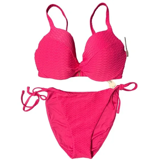 Victorias Secret Pink Textured Bikini Set 34DD Top Large Cheeky Bottom NWT