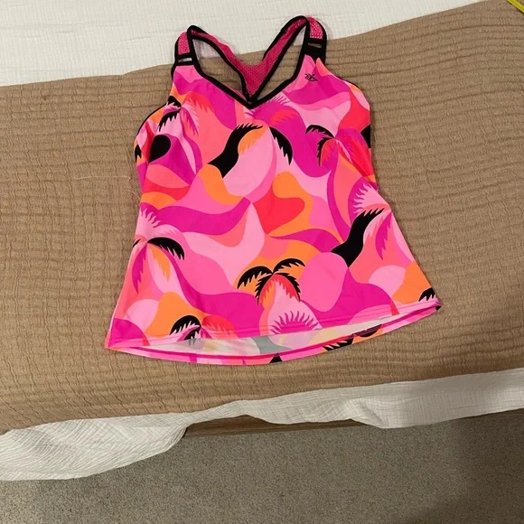 ZeroXposur Hot Pink and Black Women's Swim Top with Colorful Pattern