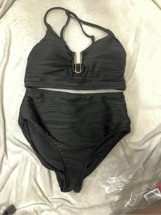 Black Textured High-Waist Bikini Set with Gold Accent NWOT