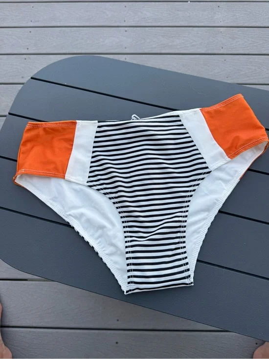 Striped Bikini Bottom with Orange Side Panels