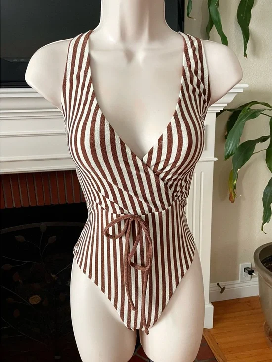 Bec + Bridge Cream & Brown Striped Vintage Inspired Swimsuit Bodysuit 6