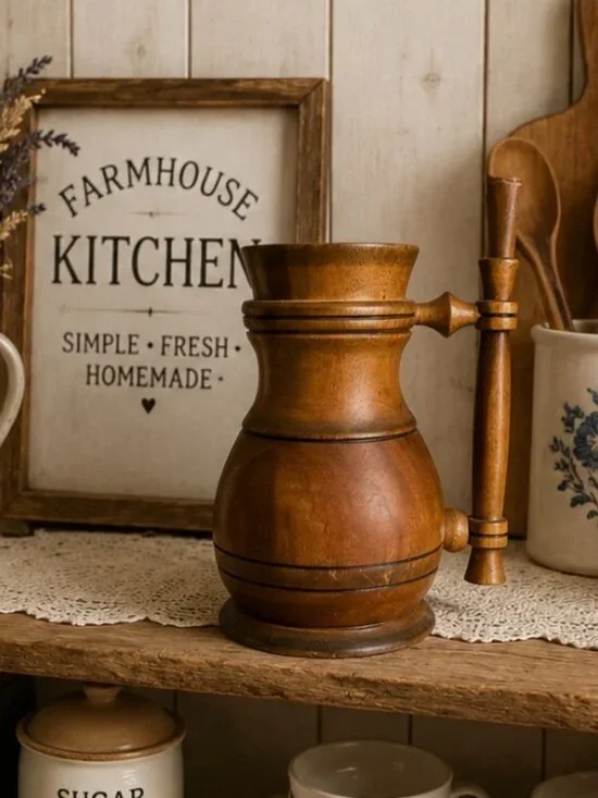 Vintage Hand Turned Wooden Pitcher Mug Rustic Wood Tankard Primitive Farmhouse