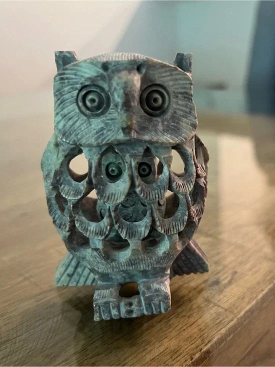 hand-carved Indian soapstone owl sculpture intricate filigree mom & baby