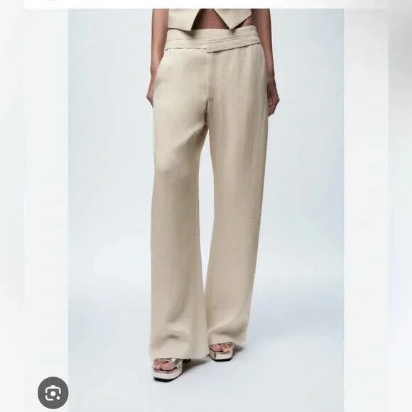 Zara Contrast Waist Linen Blend Pants‎ Blogger favorite Women XS NEW Zip Closure