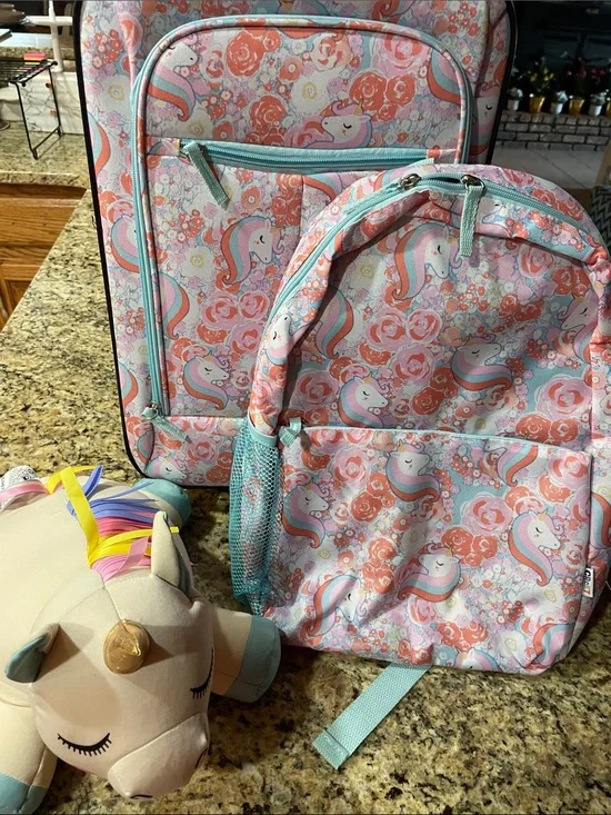 Unicorn Print Kids Carryon and Backpack Set - Pink & Mint
