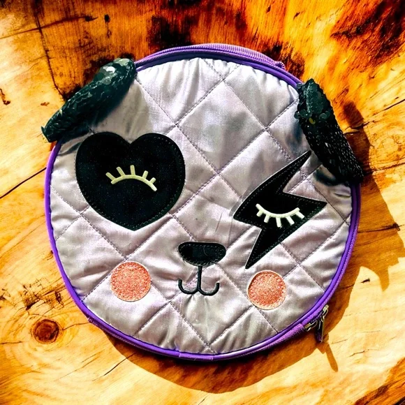 Kids Panda Face Sequined Purple and Black Lunch Box
