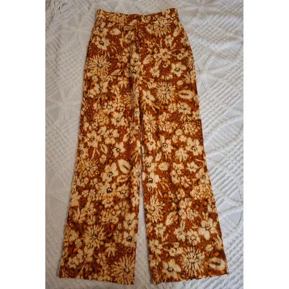 Zara Brown and Cream Floral Wide-Leg Linen Blend Pants