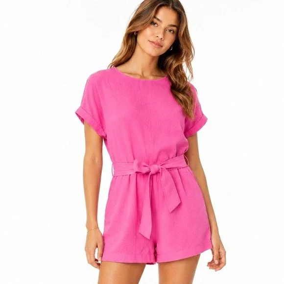 Zara Womens Pink Textured Short Sleeve Keyhole Back Tie Waist Romper Size XS