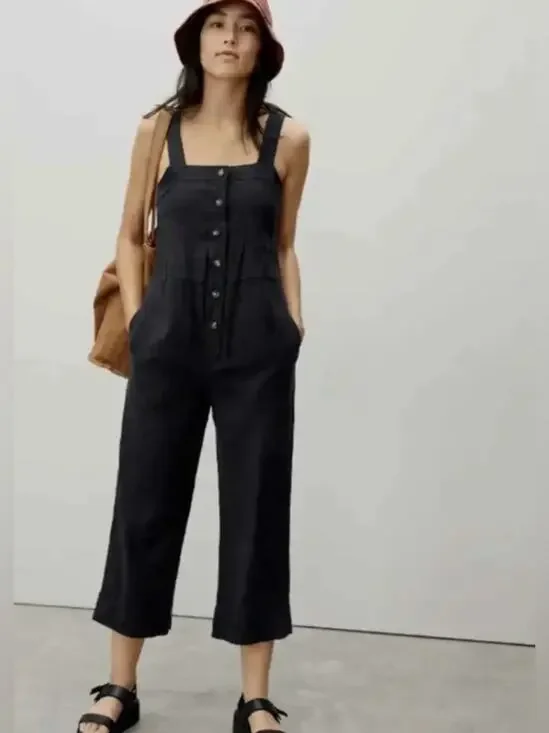 Everlane Washed Black The Linen Button Up Classic Preppy Market Resort Jumpsuit