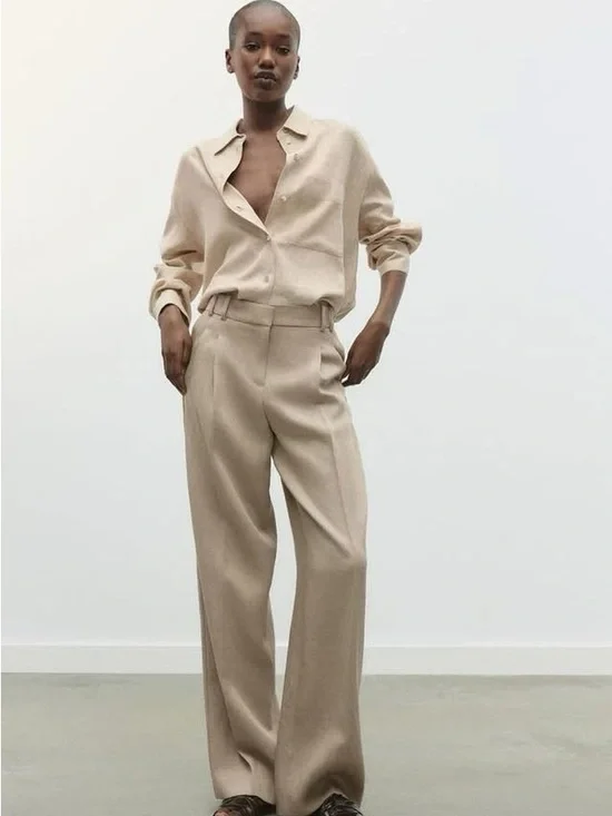 Zara Wide-Leg Linen Trousers in Beige