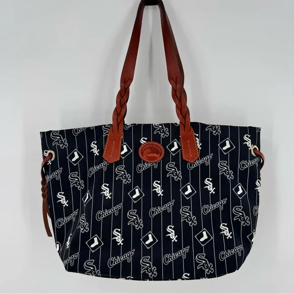 Dooney & Bourke Black White Chicago soxPinstripe Tote with Brown Leather Handles