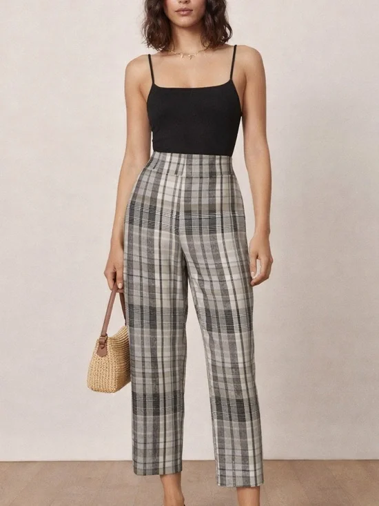 Reformation Linen Plaid‎ Pants Size 2 High Rise Straight Leg Neutral Coastal