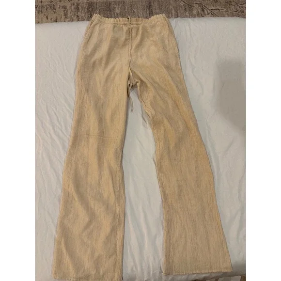 Zara Womens Beige Crinkle Gauze‎ Wide Leg Pants Elastic Waist Drawstring XS