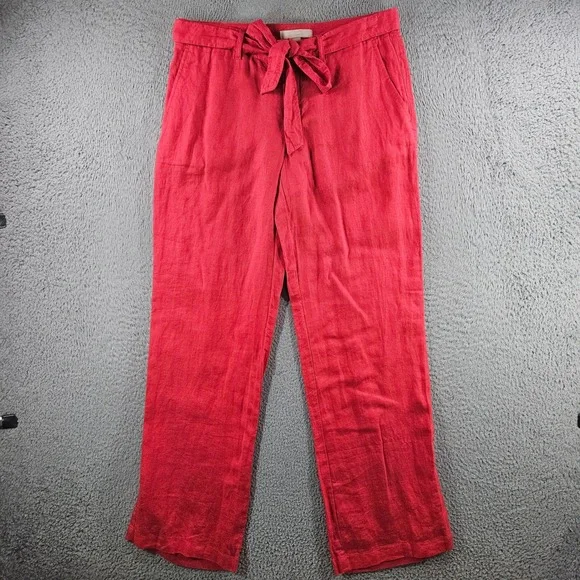 Banana Republic Red 100% Linen Straight Leg Tie Waist Pants Womens 4 High Rise