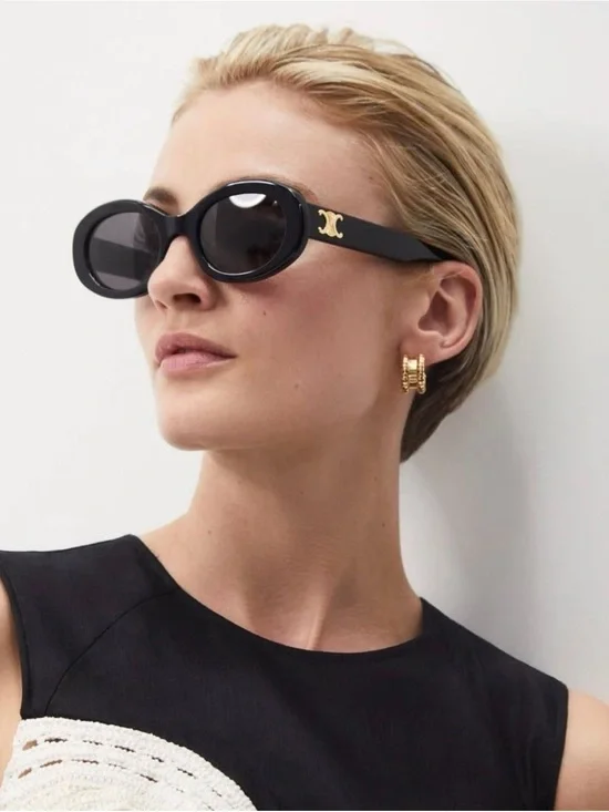 Celine Black Oval Sunglasses with Gold Logo Detail
