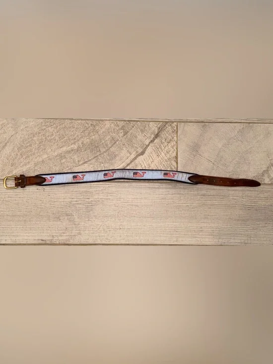 Vineyard Vones Boy American Flag Whale Canvas Club Belt Light Blue SZ 24