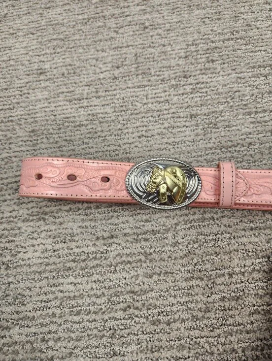Nocona Pink Leather Belt Girls 24 Western Gold & Silver Horse Buckle Equestrian