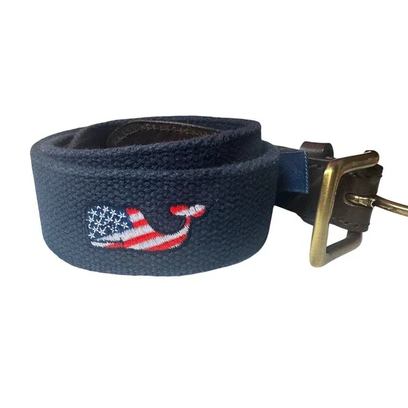 Vineyard Vines‎ Mens USA Flag Whale Canvas Leather Belt Navy Blue 34