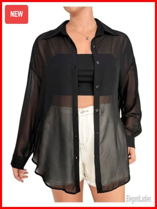 Plus Size Mesh See Through Long Sleeve Button Down Blouse Top