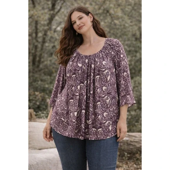 DR2 Womens Plus 2X‎ Purple Paisley Scoop Neck 3/4 Sleeve Peasant Blouse Top