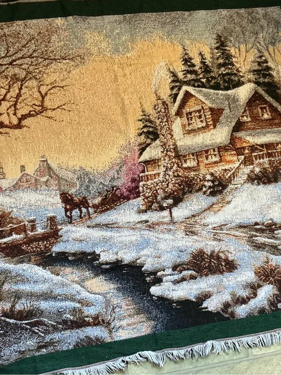 Holiday Winter Village Tapestry Throw in Green and Cream