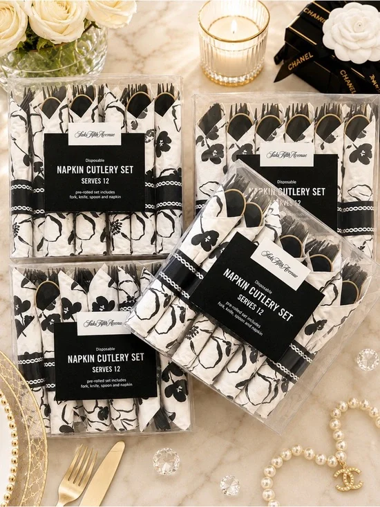 Saks Fifth Avenue Black & White Disposable Napkin Cutlery Set - Serves 12