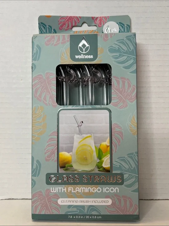 Wellness Flamingo Icon Pink Glass Straws Cleaning Brush 6 Pack New