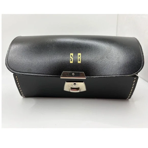 VTG Black Top Grain Cowhide Leather Eyeglass Case Made in England Monogram
