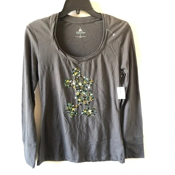 Disney Parks Gray Micky Mouse Sequins Long Sleeve Tee S