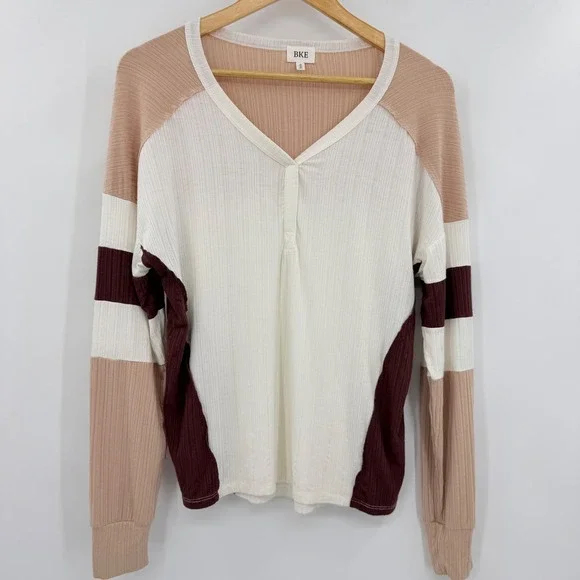 BKE Womens Ribbed Henley Top Colorblock Long‎ Sleeve Cream Tan Burgundy Small