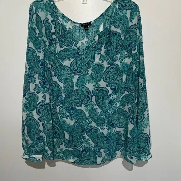 Ann Taylor Women's Green Blue Paisley Print Long Sleeve V-Neck Blouse Size Large