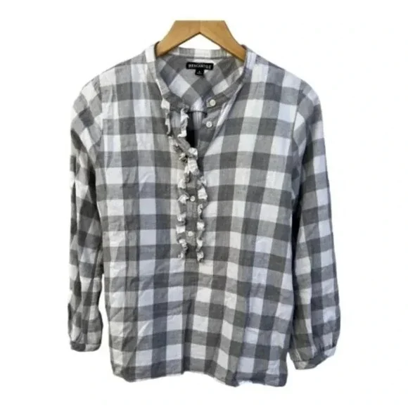 J Crew Mercantile Size Small Ruffle Flannel Shirt Gray White Plaid‎ Pullover​​